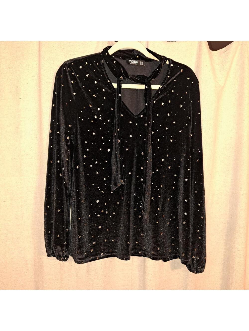 YOINS Black Velvet Star Print Long Sleeve Top with Neck Tie